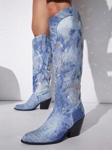 SHUZIA 圖案鑲嵌水晶粗跟靴，女士牛仔靴 - 藍色 - 查看 6