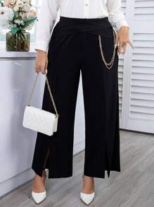 SHEIN Unity Hơn Chi tiết chuỗi Viền chia cắt Quần ống rộng - màu đen - Xem 4