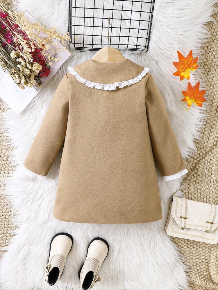 Young Girl Contrast Trim Statement Collar Dual Pocket Bow Front Overcoat