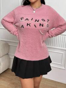 Chiquease Letter Pattern Faux Pearl Detail Drop Shoulder Fuzzy Knit Pullover Fall Winter Sweater - Pink - View 6