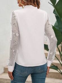 SHEIN Privé Đèn treo tường Tay áo lưới Đường viền cổ có rãnh Áo sơ mi - trắng - Xem 2