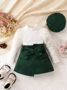 SHEIN Baby Girl Mock Neck Tee & Asymmetrical Hem Skirt & Hat - Army Green - View 1
