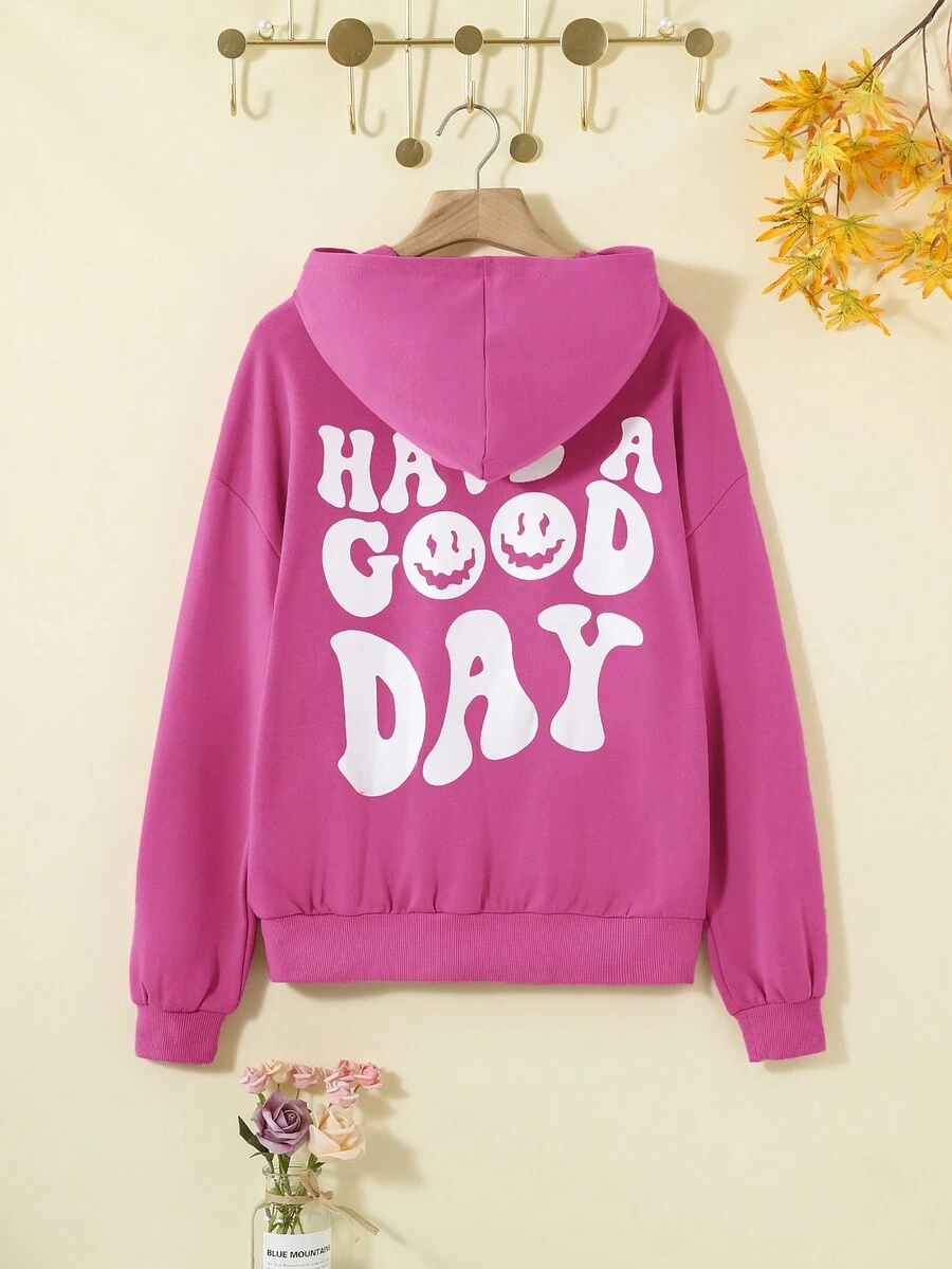 SHEIN 少女表情和标语图案落肩卫衣 - 玫紅色 - 查看 1