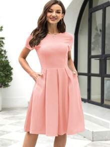 Đầm xếp ly màu trơn có túi - Màu Hồng baby - Xem 1