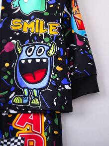 SHEIN 小男孩字母和卡通图案飞行员夹克和运动裤（不含 T 恤）多色男婴套装 - 黑色 - 查看 4