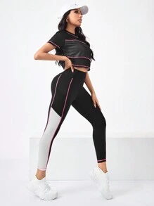Gameset SHEIN Sport Colorblock Sports Tee & Phone Pocket Side Leggings Workout Women Set Women Leggings Set