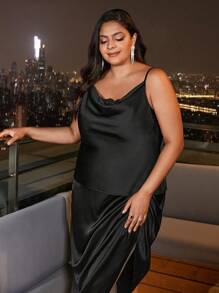 SHEIN Frenchy Plus Draped Collar Cami Top - Black - View 4