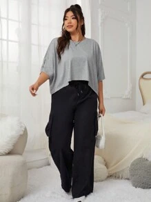 SHEIN EZwear 大碼素色蝙蝠袖T恤 - 淺灰色 - 查看 3