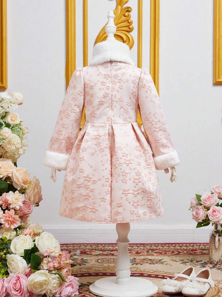 SHEIN בחורה צעירה יחידה 1 בד ג'קארד פפיון קדמי פירוט קפלים שמלות - משמש - ראה 2