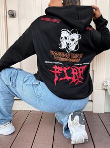 Flirla 加大码标语印花落肩套头卫衣 秋季卫衣 - 黑色 - 查看 3