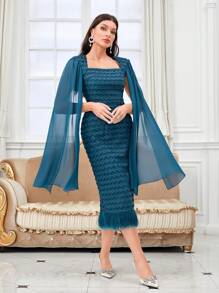 Modelyn 方領斗篷袖流蘇下擺洋裝 - 水鴨藍 - 查看 1