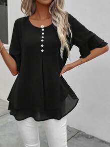 EMERY ROSE Flare Sleeve Half Button Blouse - Black - View 6