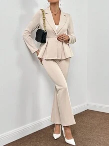 SHEIN Privé Cổ áo Xoay eo Áo vest & Quần ống loe - Màu be - Xem 4