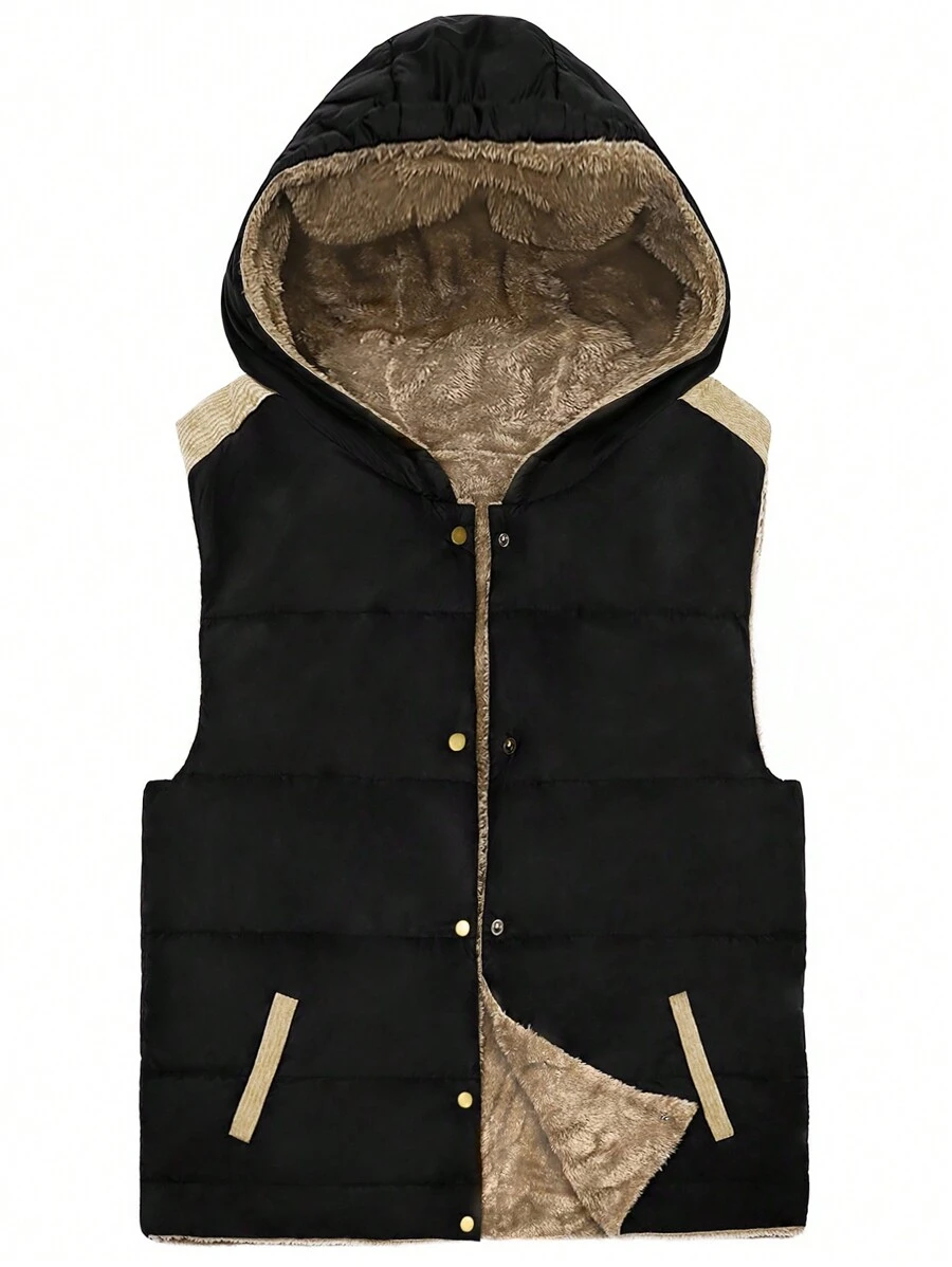 SHEIN LUNE Plus Contrast Panel Teddy Lined Hooded Vest Padded Padded Coat Clothes Winter - Black - View 1