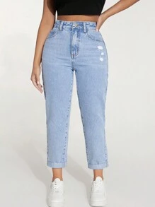 SHEIN PETITE 高腰破洞卷邊直筒牛仔褲 - 淺色水洗藍 - 查看 1