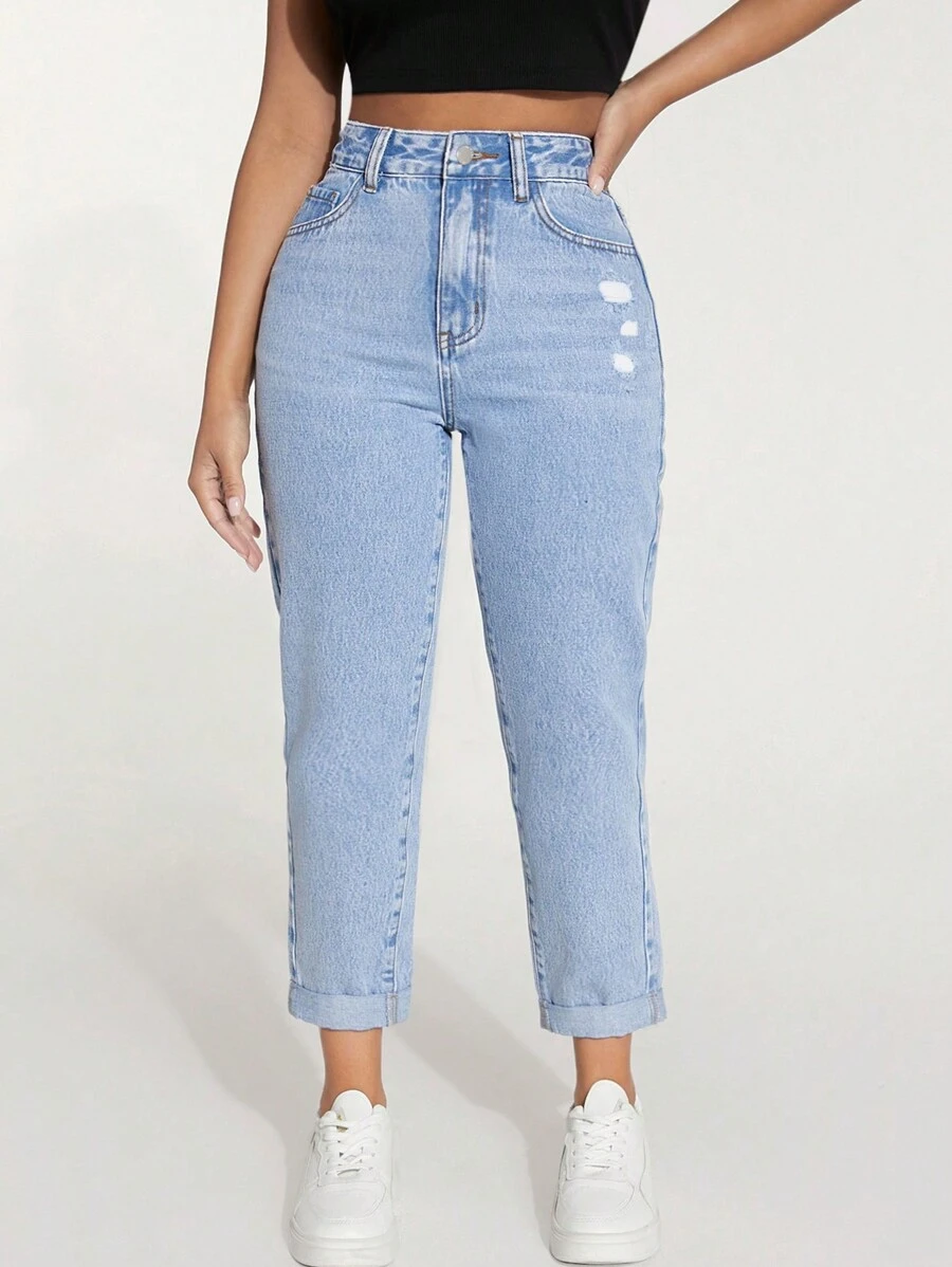 SHEIN PETITE 高腰破洞卷邊直筒牛仔褲 - 淺色水洗藍 - 查看 1