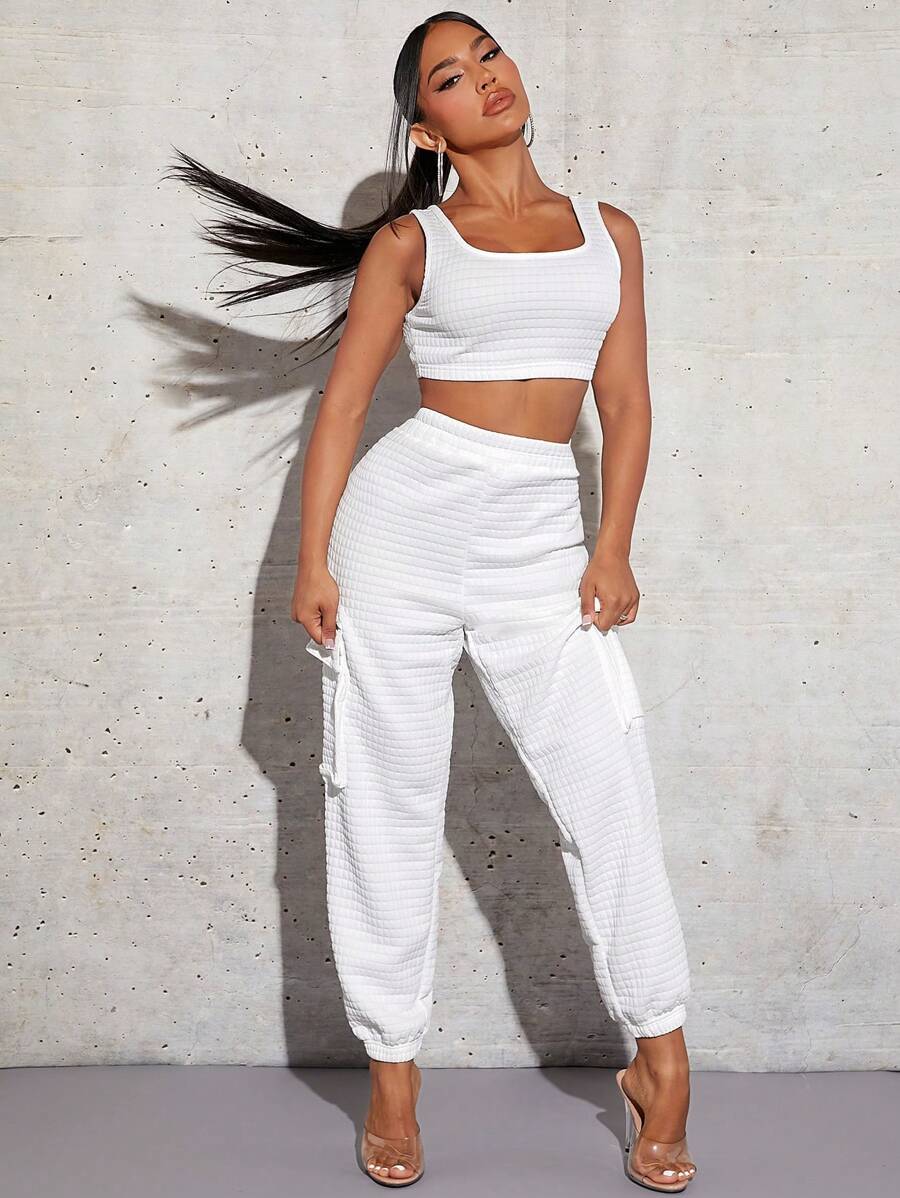 SHEIN SXY Chất rắn Crop Tank Top & Túi nắp bên cạnh Quần - trắng - Xem 1