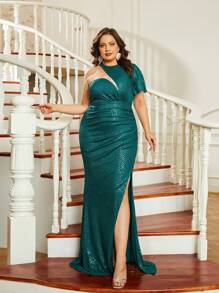 seomiscky 大碼不對稱領高衩亮片正式洋裝 - 綠色 - 查看 1