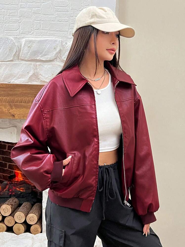 SHEIN ICON ラペルネック タイバック PUレザー ジャケット 男性 フラップ詳細 ジッパーアップ PUレザー ジャケット | SHEIN
