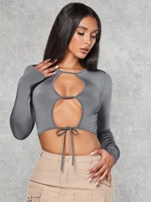 SHEIN BAE Cut Out Front Tie Front Crop Top - Dark Grey - View 3