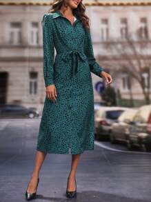 斑點印花高衩腰帶襯衫洋裝 - 綠色 - 查看 3