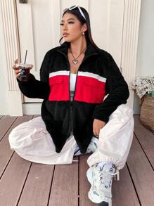 SHEIN Unity Plus Color Block Flap Pocket Drop Shoulder Teddy Coat - Multicolor - View 7