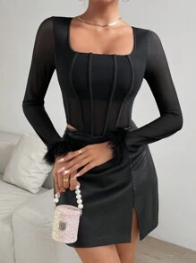 Zolique Fuzzy Cuff Square Neck Fuzzy Cuff Mesh Panel Crop Top - Black - View 4