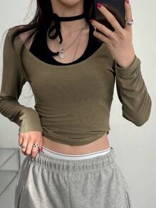 DAZY Solid Ruched Side 2 In 1 Crop Tee Long Sleeve Women Tops - Army Green - View 2