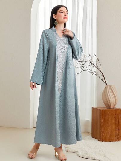 Al Najma Embroidery Detail Notched Neckline Kaftan Dress