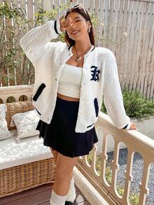 Flirla Hơn Thêu Chữ Sọc trang trí Thả vai Teddy Áo khoác bomber - Nhiều màu - Xem 7