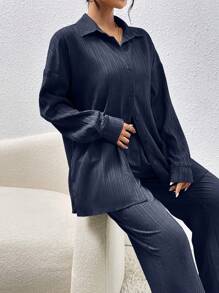 EMERY ROSE LUNE 秋季新款纹理面料休闲落肩开衩衬衫和实用斜插口袋阔腿裤女装两件套 - 藏蓝色 - 查看 5