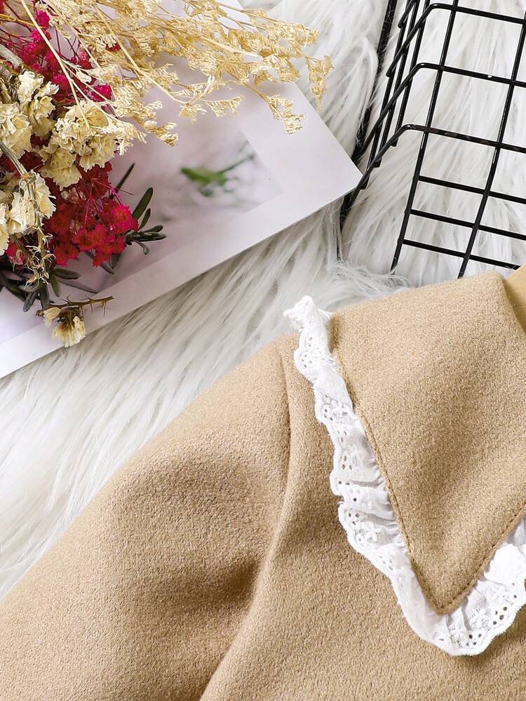 Young Girl Contrast Trim Statement Collar Dual Pocket Bow Front Overcoat