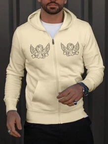 Manfinity Homme Men's Loose Fit Angel & Letter Graphics Zipper Hooded Sweatshirt - Khaki - View 1