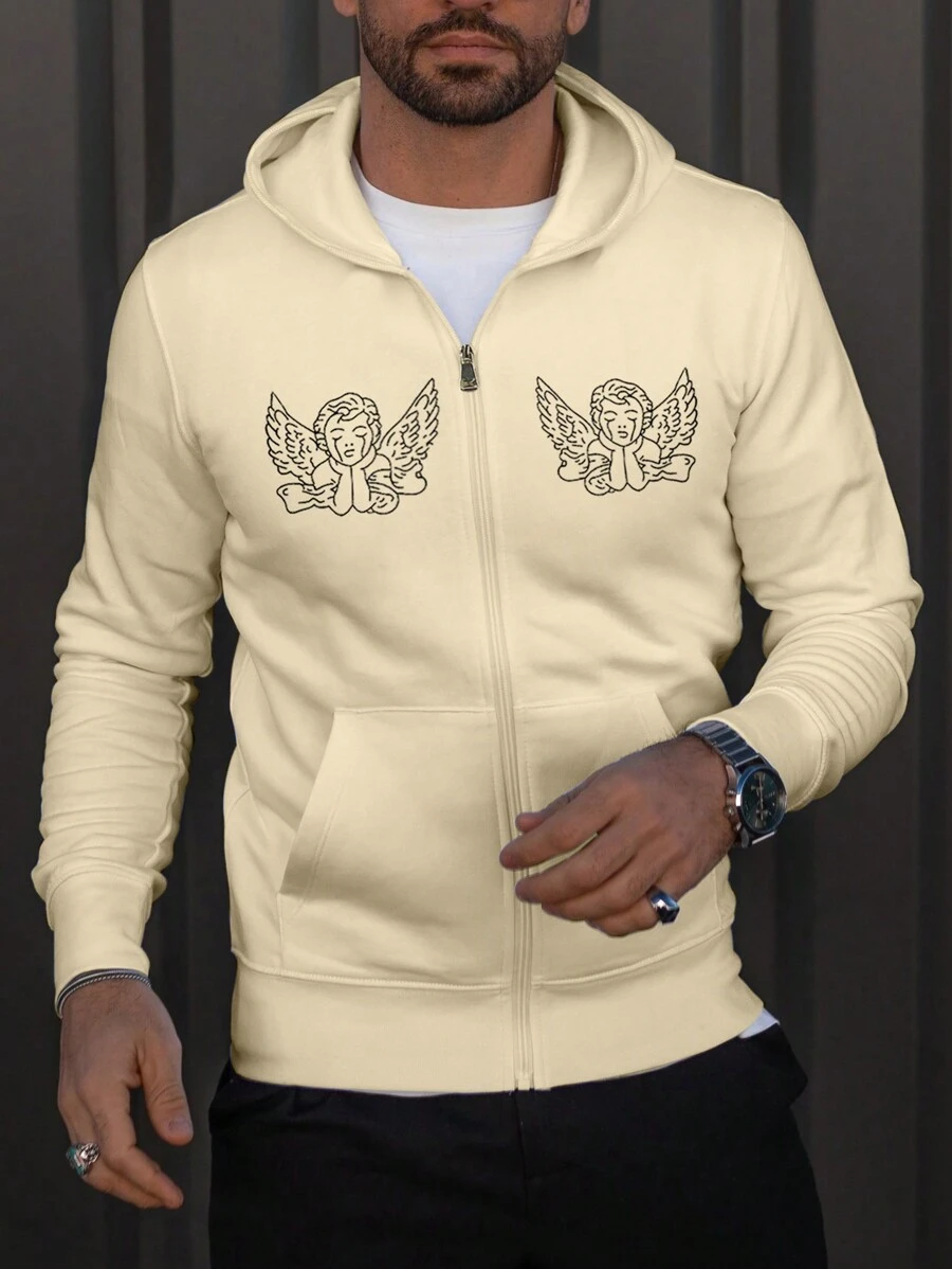 Manfinity Homme Men's Loose Fit Angel & Letter Graphics Zipper Hooded Sweatshirt - Khaki - View 1