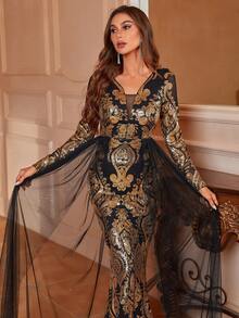 Faeriesty Plunging Neck Mesh Overlay Sequin Mermaid Dress - Black - View 3