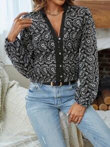 Aveloria Allover Print Button Front Blouse Fall Cloth For Women - Black - View 5