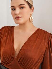 BizChic 大尺碼女性深v領插肩袖連體褲,褶皺細節 - 咖啡棕 - 查看 6