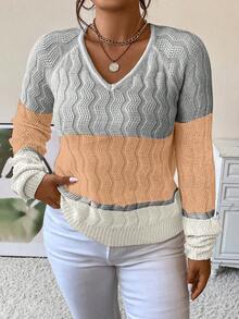 SHEIN LUNE Plus Colorblock Raglan Sleeve Sweater - Dusty Pink - View 6