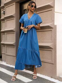 SHEIN Privé Chất rắn Xù Hoa Sen Denim Váy Smock - Màu xanh lam - Xem 4