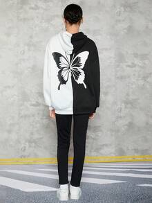 少女蝴蝶印花双色落肩卫衣 - 黑與白 - 查看 5