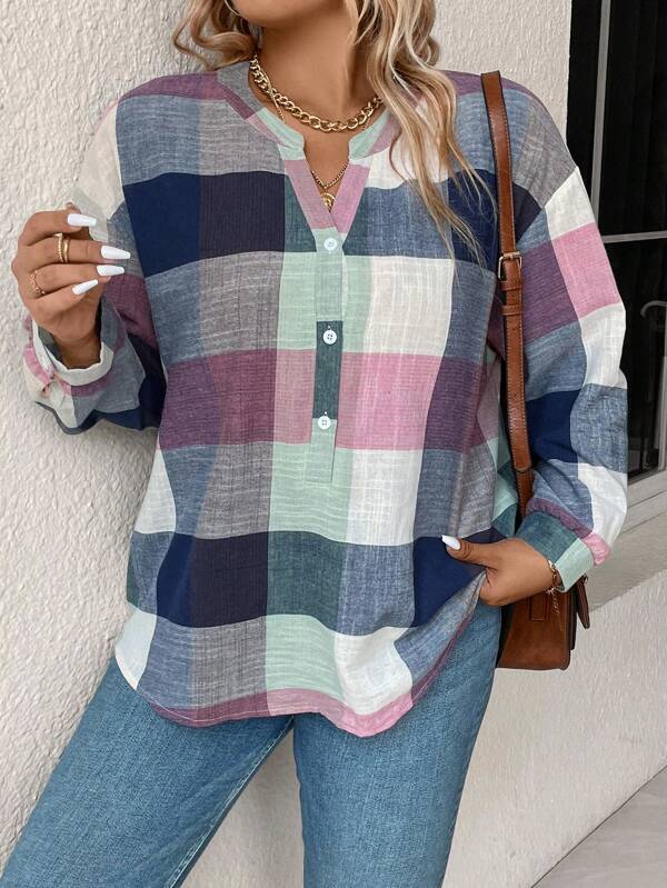 EMERY ROSE Plus Plaid Print Drop Shoulder Half Button Blouse