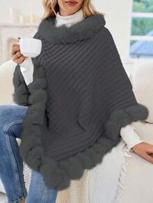 SHEIN Clasi 1 pieza Jersey poncho ribete lanudo de manga murciélago bajo con fruncido - Azul - Ver 3