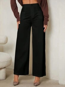 SHEIN Tall Women Daily Wear Solid Color Wide Leg Pants - Black - View 3