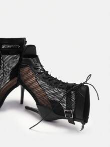 CUCCOO SZL 高跟露趾方头网眼镂空系带靴 - 黑色 - 查看 6