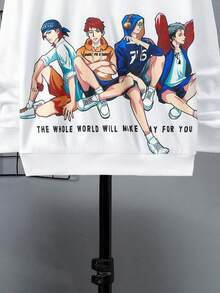 SHEIN 男大童標語和人物圖案落肩袖套頭衫 - 白色 - 查看 5