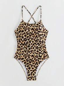 Leopard Print Back Cross One-piece Swimsuit, Random Print - Multicolor - View 3