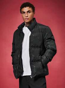 Manfinity VCAY Loose Men Letter Graphic Zip Up Puffer Winter Coat