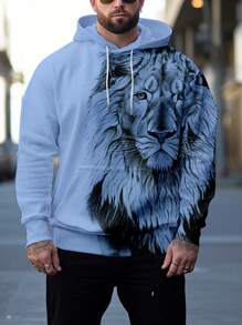 Manfinity LEGND Men Plus Lion Print Kangaroo Pocket Drawstring Hoodie - Baby Blue - View 5