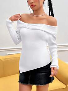 SHEIN MOD Off Shoulder Asymmetrical Hem Sweater - Beige - View 1