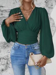 SHEIN Clasi Surplice Neck Lantern Sleeve Crop Blouse - Dark Green - View 1